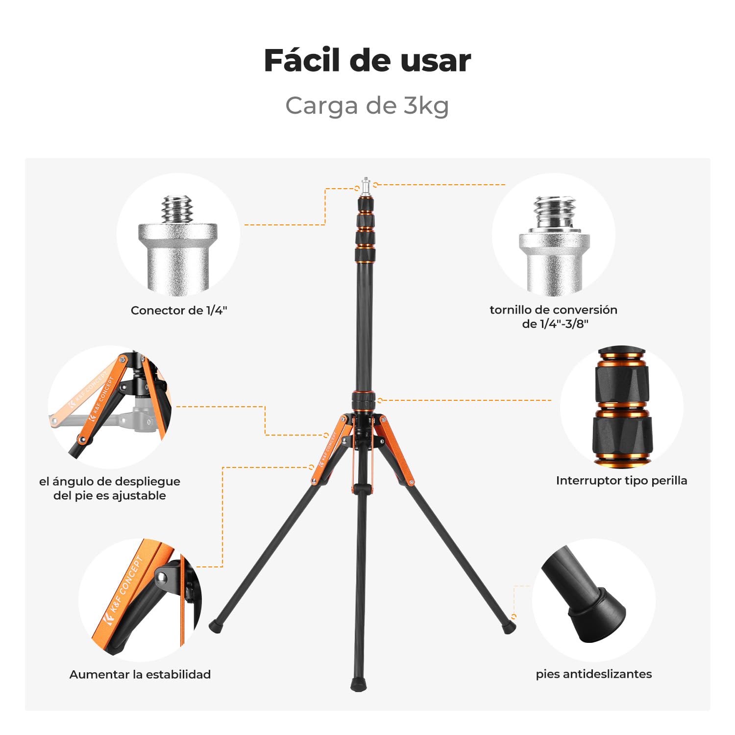 K&F CONCEPT Trípode de luz en Fibra de Carbono 200 cm, Plegable al revés, portátil, con Tornillo 1/4" - 3/8" y Bolsa de Transporte, para Flash, cámara, softbox