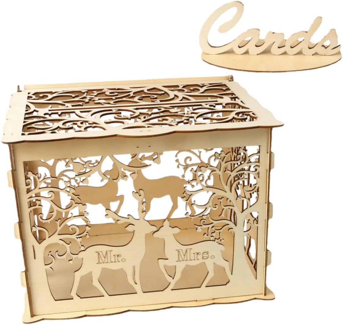 jojofuny Wooden Wedding Cards Box Large DIY Rustic Sign-in Cards Case with Lock Slot for Wedding Reception and Party Supplies