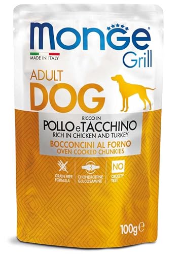 Monge Grill Bocconcini Cibo Umido per Cani Adulti, Ricco in Pollo e Tacchino, Grain Free, 100g,12 bustine