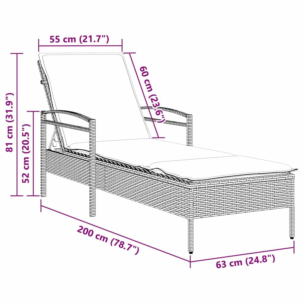 Tumbona con cojín (63 x 200 x 81 cm, resina trenzada (Estados Unidos), chaise longue de jardín, respaldo ajustable en 3 posiciones, baño de sol, muebles para terraza