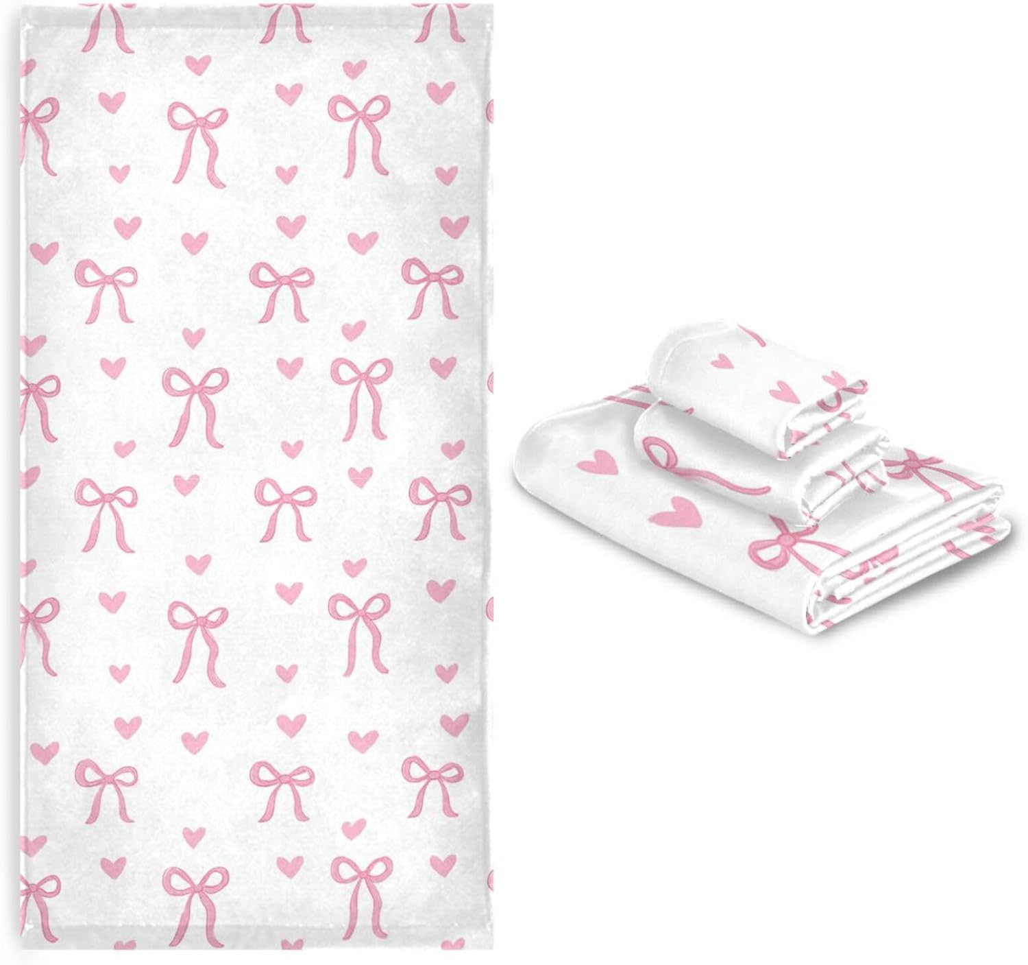 Hearts Pink Ribbon Bow Bathroom Towel Set of 3 Pcs Hand Fingertip Bath Towels for Home Bathroom Hotel Gym Swim Washcloth Soft Thin Durable Highly Absorbent Multipurpose Decor