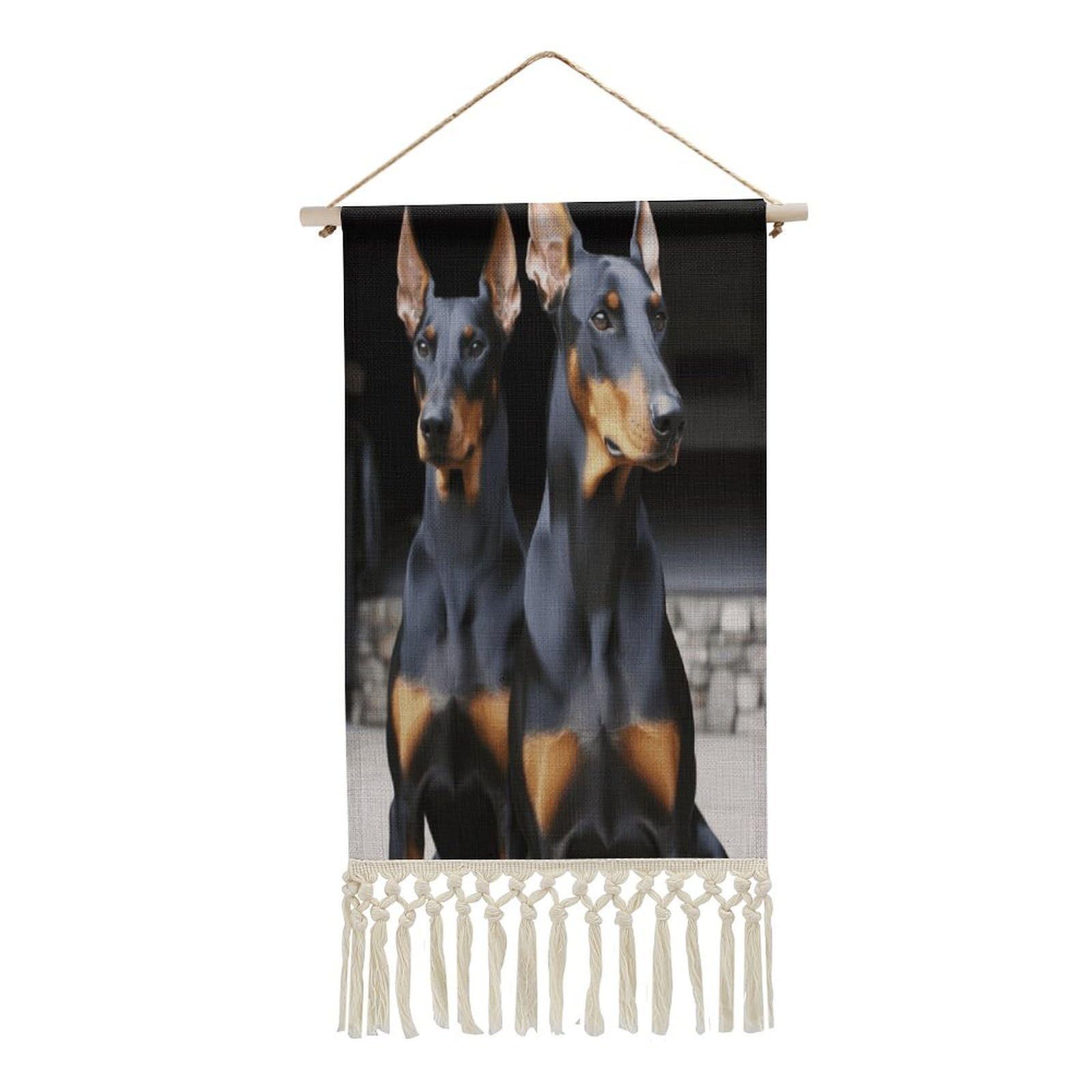 VstaDank Doberman Wall Art Decor with Tassels 20"x10" Cotton Linen Hanging Tapestry Decor Wall Art Prints Wood Frame Boho Wall Art Poster for Bedroom Living Room Office
