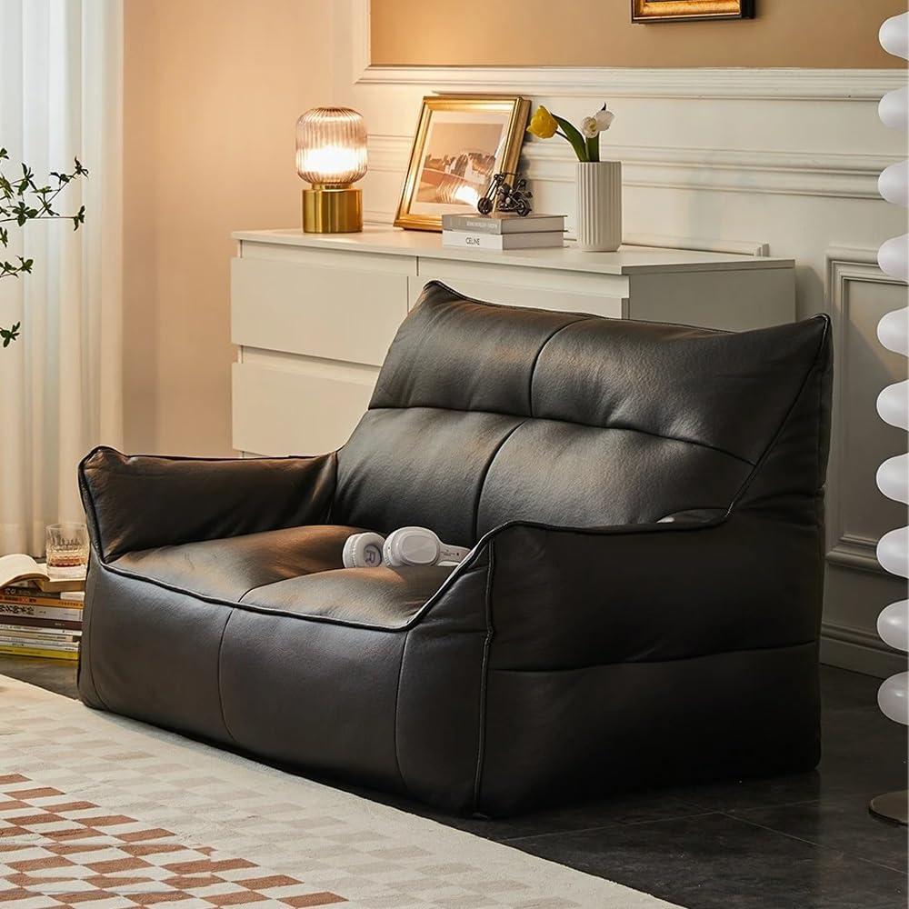 2-seat Bean Bag Chairs Top Faux Leather Bean Bag Sofa Cover No Filler Beanbag Couch Pouf Chaise Lounge Recliner Sac Frameless Furniture (Color : 2-seat-Black, Size : Emtpty Cover)