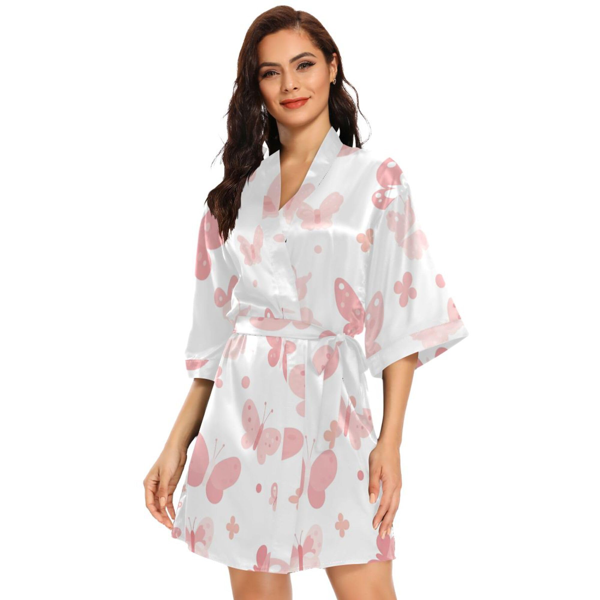 Butterflies on White Pink Women's Kimono Robes, Bathrobe Pajamas Dress V-Neck Bridesmaid Robe Casual