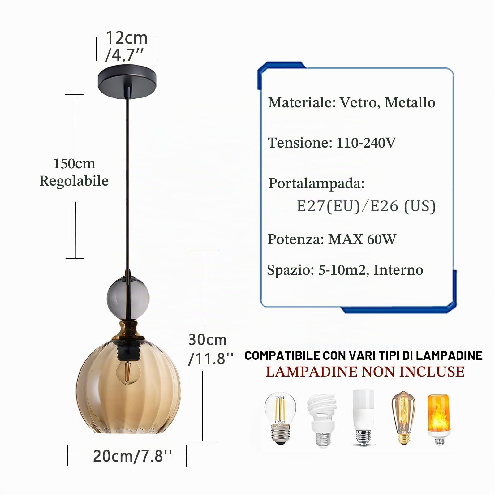 Lampada a Sospensione Colorato In Vetro Soffiato a Mano Con Metallo Dorato, Lampadario E27 Regolabile In Altezza – Stile Moderno Per Cucina, Sala Da Pranzo, Camera Da Letto (Ambra)