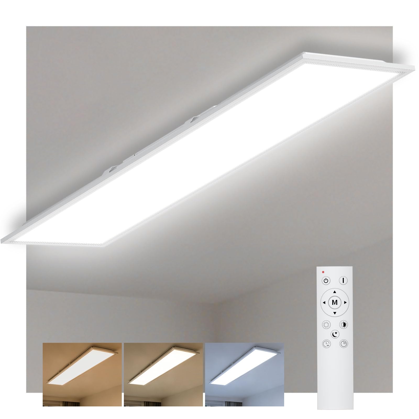 LED Panel 100x25cm, Deckenleuchte Dimmbar mit 30W 3000-6500K, LED Deckenlampe Flach mit Fernbedienung, Panelleuchte Decke Rechteckig für Büro Küche Wohnzimmer Schlafzimmer Badezimmer