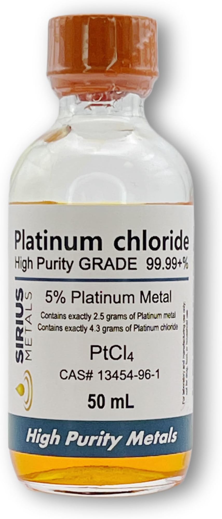 Platinum Chloride Solution - 1.727% (1.0% as 99.99+ Pure Platinum Metal) - 50 mL in a Clear Glass Bottle, PTCL1P50