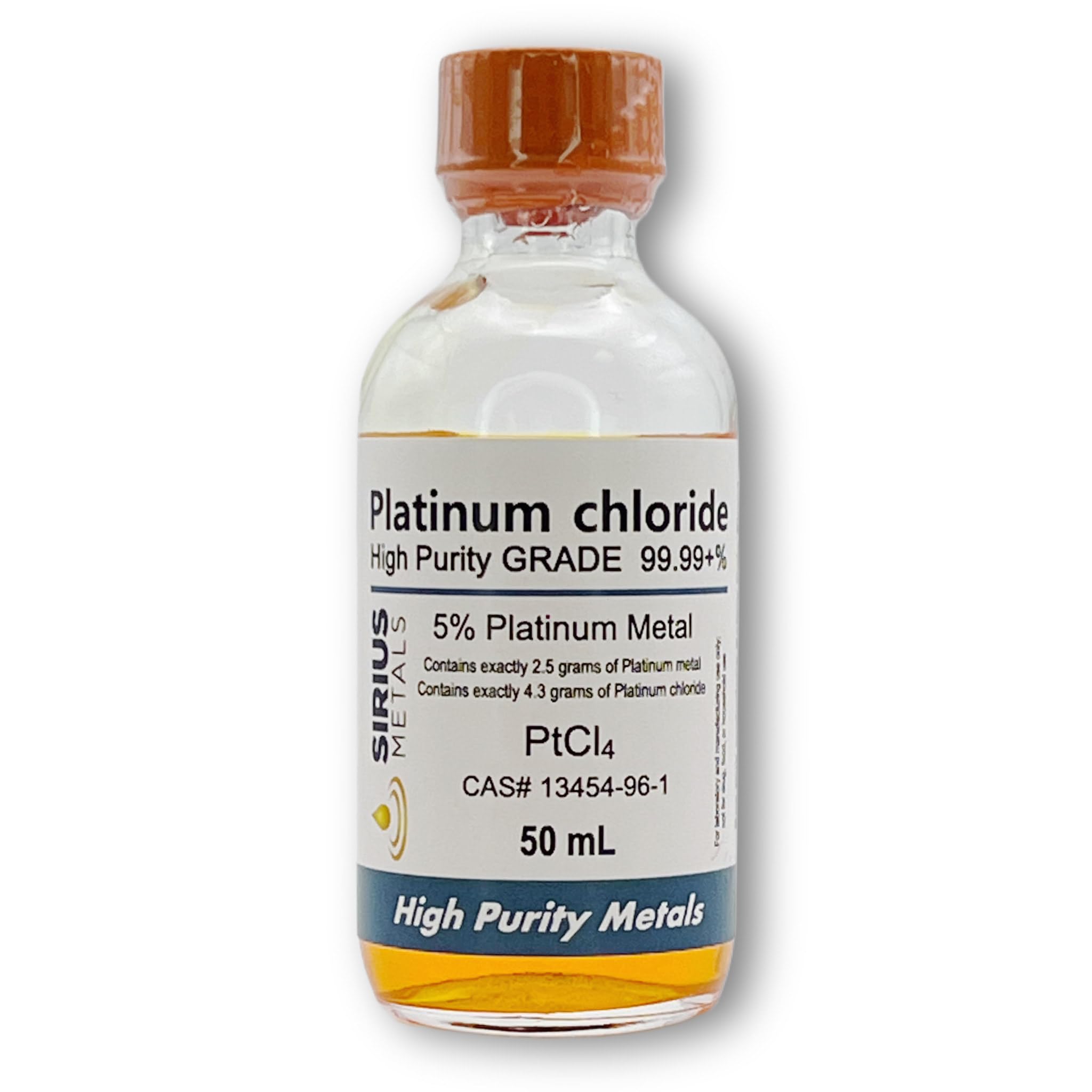 Platinum Chloride Solution - 1.727% (1.0% as 99.99+ Pure Platinum Metal) - 50 mL in a Clear Glass Bottle, PTCL1P50