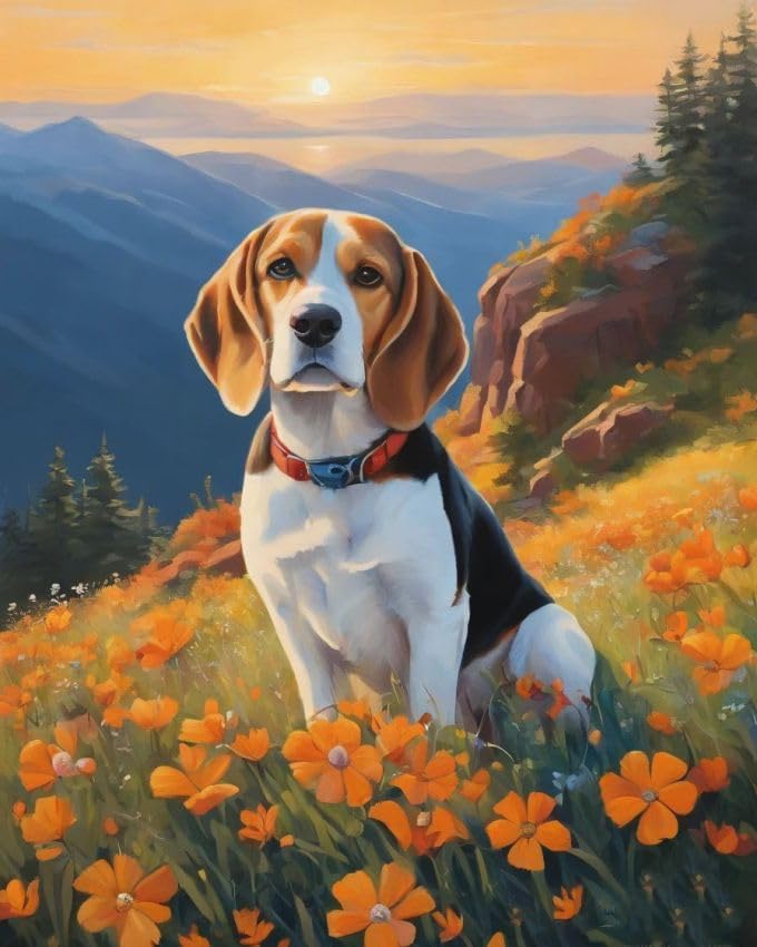 ZMHZMY Paint by Number Beagle and Flowers DIY Oil Painting Paint by Number kit for Adults Beginner DIY Canvas Acrylic Painting by Numbers Painting Arts Craft for Home Decor