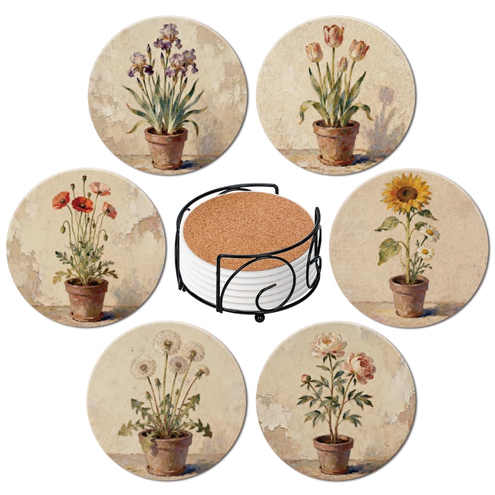 ANATTASOUL Ceramic Coasters Set of 6 with Holder Vintage Oil Painting Flowers Absorbent Drink Coasters for Home Decor, 4.05" Round Marble Coasters for Coffee Table, Bar Decor Housewarming Gifts