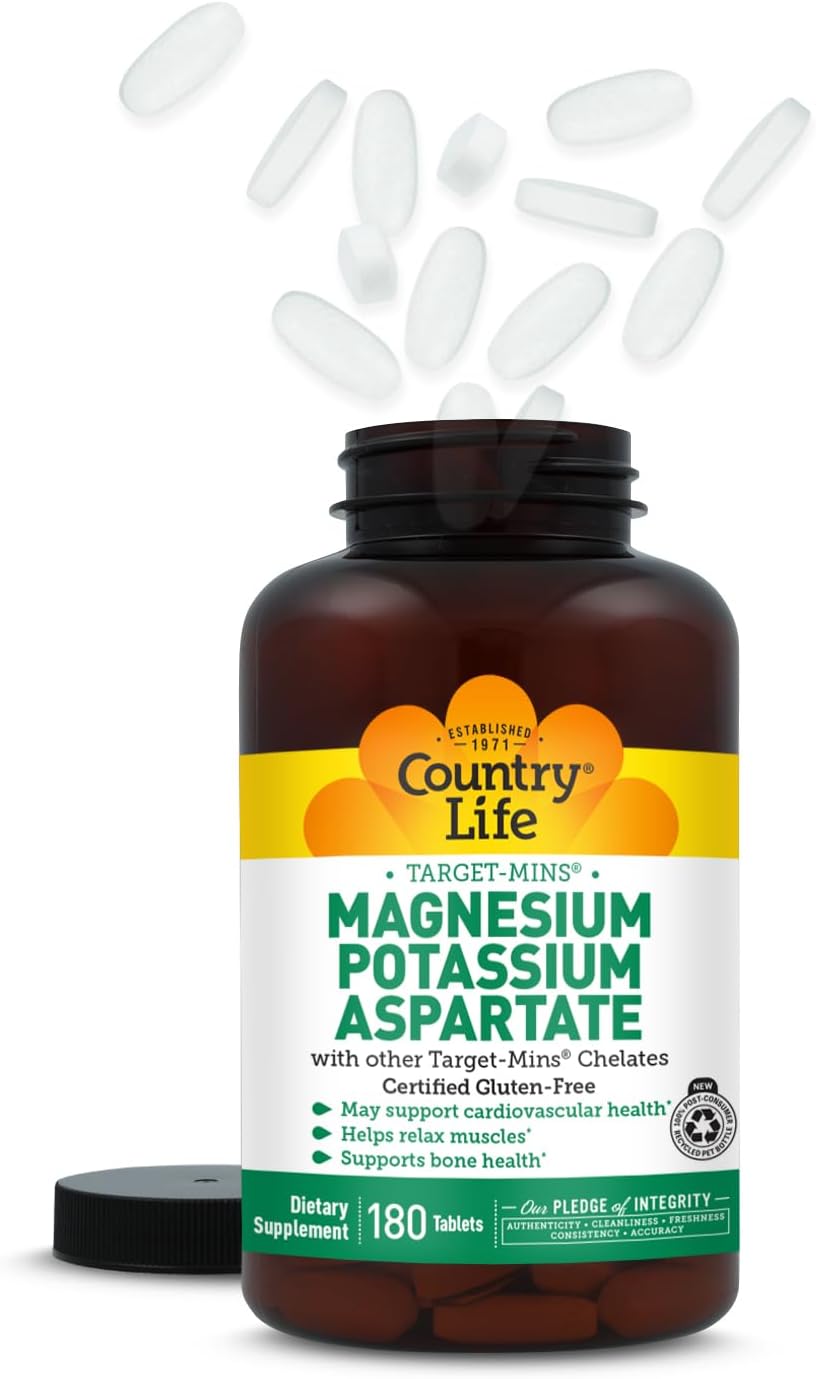 Country Life Magnesium and Potassium Supplement for Heart Health, Cardiovascular Support, Immune System and Bone Health, Gluten-Free