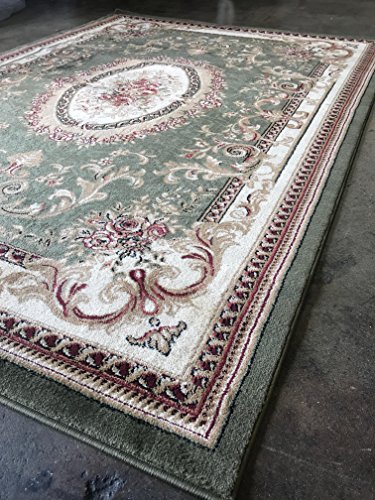 Traditional Oriental Aubusson Floral Area Rug Persian Green Burgundy Beige Design 602 (5 Feet 3 Inch X 7 Feet 2 Inch) #TOP4