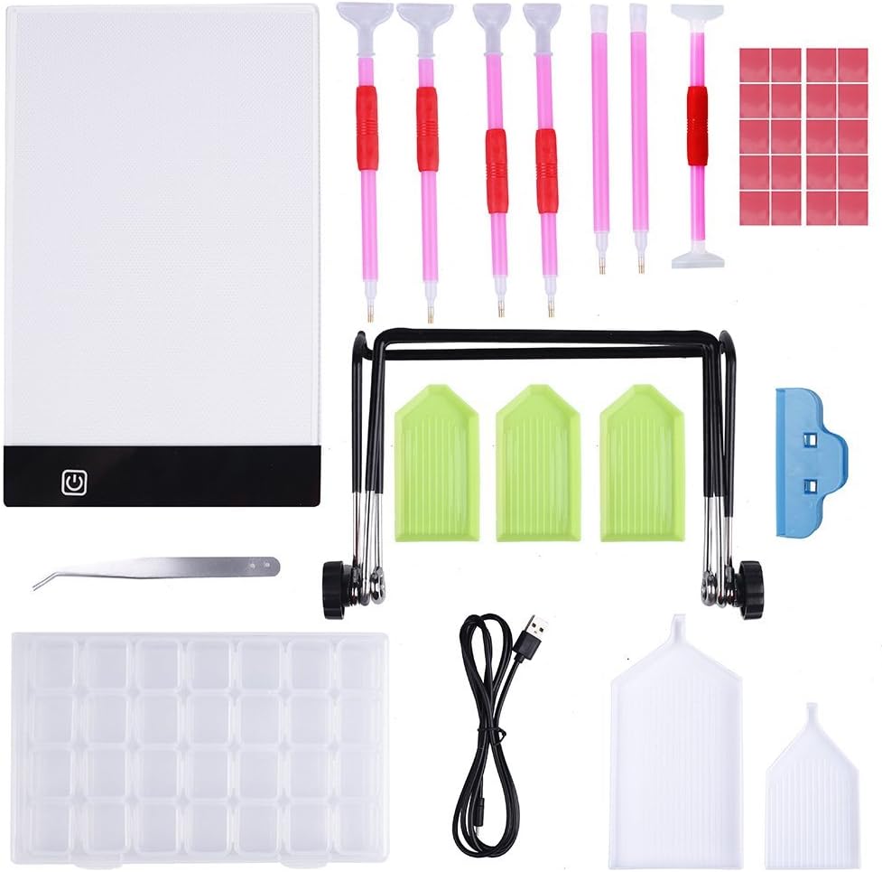 MACTING A5 Lamp Pad Kit, 37PCS 5D Diamond Painting Tools Sets, Lamp Box Tracing Lamp Board with Stepless Brightness, Adjustable Stand,Diamond Painting Pen Cross Stitch Tool Kit for Adults Kids.