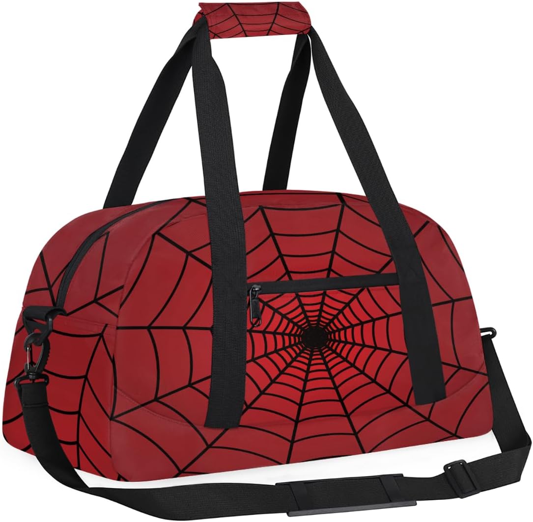 Gym Travel Duffle Bag for Boys - Kids Overnighter Weekend Bag with Front Zipper Pocket for School Practice, Teens Carry-On Size Sleepover Bags (Red Spider Web)