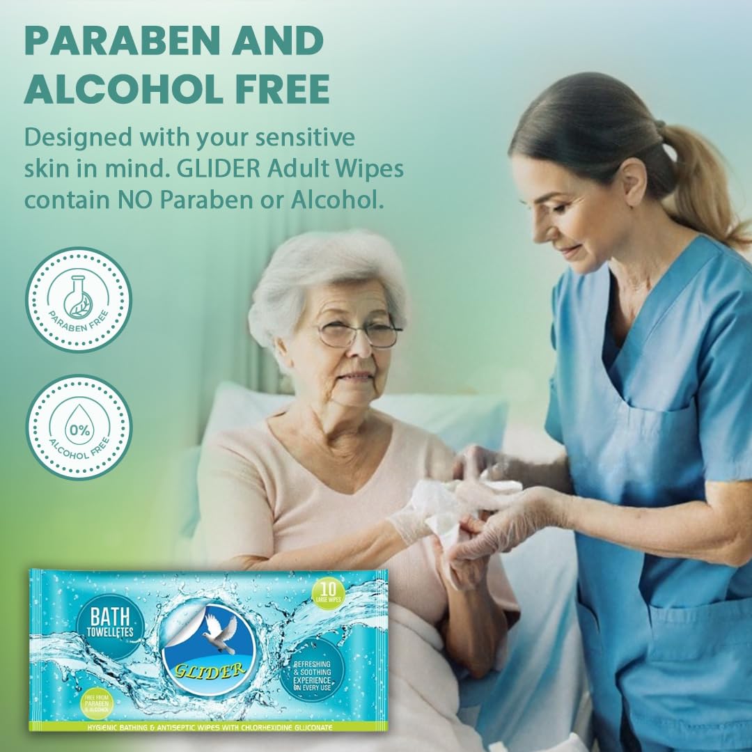 Glider Body Cleansing Wet Bed Bath Wipes for Adults | 12 Packs | 120 Wipes | Extra-Large, No-Rinse Cleansing Wipes | Infused with Aloe Vera & Vitamins | Refreshing & Hygienic Care 1