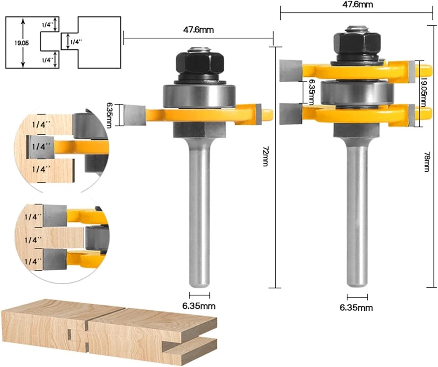 6mm 6.35mm 8mm 12mm Shank Shank Joint Assemble Router Bits Tongue Groove T-Slot Milling Cutter 2Pcs(6.35mm Shank)