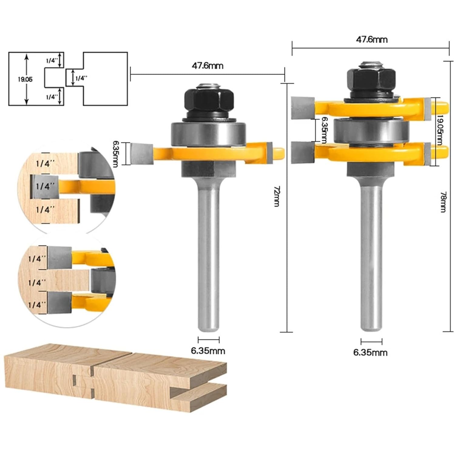 6mm 6.35mm 8mm 12mm Shank Shank Joint Assemble Router Bits Tongue Groove T-Slot Milling Cutter 2Pcs(6.35mm Shank)