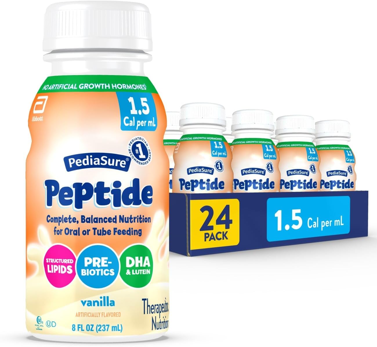 PediaSure Peptide 1.5 Cal, Peptide-Based Formula, Complete, Balanced Nutrition for Oral or Tube Feeding, Vanilla, 8-fl-oz Bottle, Pack of 24