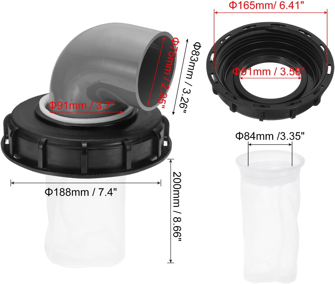 PATIKIL 90° IBC Lid Filter Cover 163mm Plastic Ton Barrel Cover with Washable Nylon Filter IBC Tote Hose Adapter IBC Tank Container for Rainwater Tank 1000L IBC Tank, Black Gray