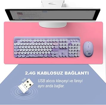 Microcase Mofii Ayıcık Desenli Kablosuz Türkçe Klavye Mouse Set, Mor, Renkli Yuvarlak Tuşlu