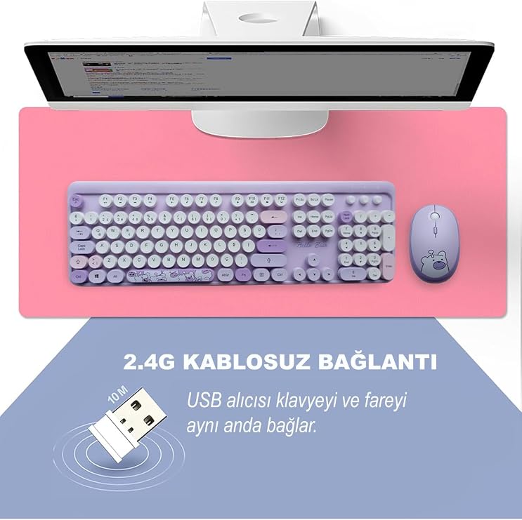 Microcase Mofii Ayıcık Desenli Kablosuz Türkçe Klavye Mouse Set, Mor, Renkli Yuvarlak Tuşlu