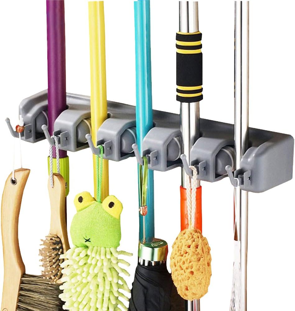 Jinberry Multi-Function Wall Mounted Mop Brush Broom Storage Rack Holder with Hooks - 5 Position 6 Hooks