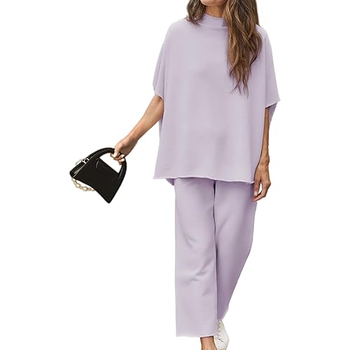 Women's Two Piece Outfits 3/4 Batwing Sleeve Capelet Crew Neck Pullover Top Wide Leg Pants Lounge Set