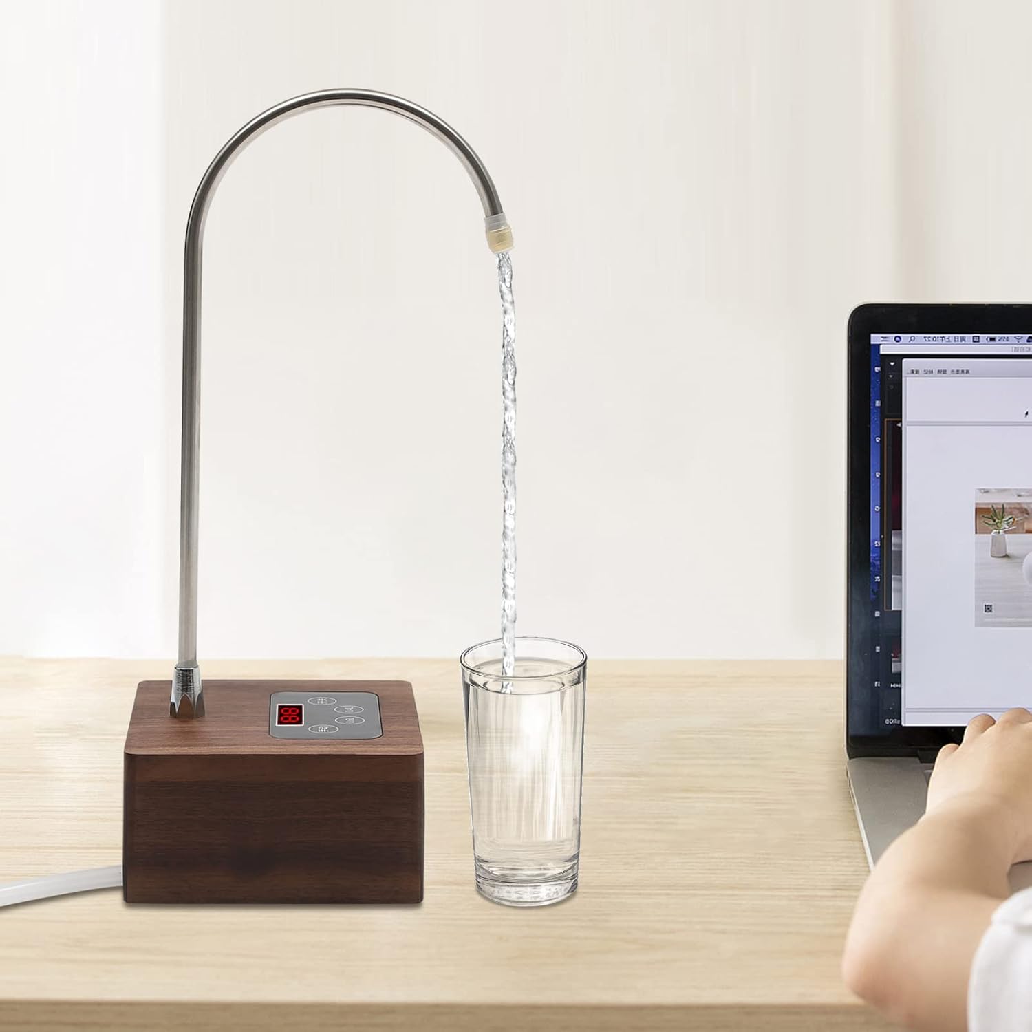 Water Dispenser Walnut Wood Mini Desktop Water Jug Dispenser Universal Smart USB Charging Countertop Water Bottle Pump for Home Office Camping Outdoor Travel