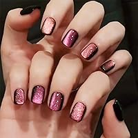 Vista 24 de Uñas postizas rosas cuadradas a presión, uñas falsas medianas con diseño de color sólido, uñas acrílicas degradadas, uñas artificiales brillantes
