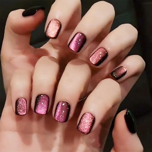 Miniatura 24 de Uñas postizas rosas cuadradas a presión, uñas falsas medianas con diseño de color sólido, uñas acrílicas degradadas, uñas artificiales brillantes