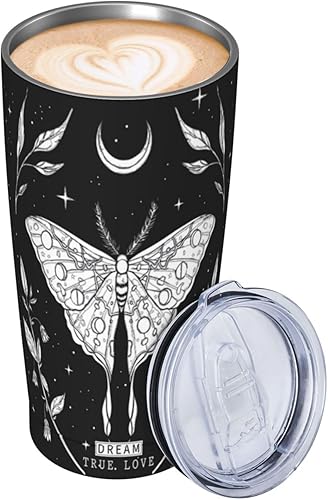 Miniatura 9 de SUPLUCHOM Vaso aislado de 20 onzas con tapa y pajita, de acero inoxidable, con diseño de mariposa, color negro, mágico, taza de viaje a prueba de