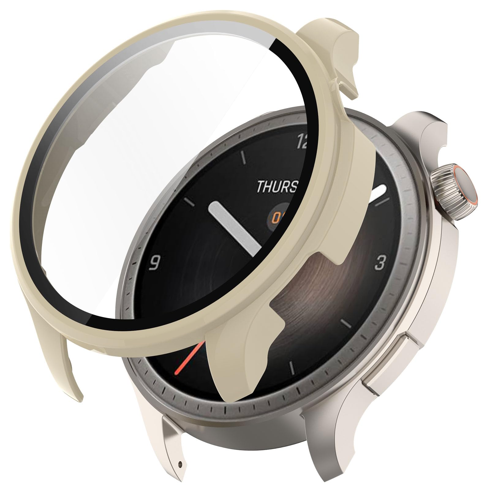 GIOPUEY Case Compatible with Amazfit Balance, Glass Screen Protector + Hard Plastic Frame, 360° All-Round Protection, Amazfit Balance Cover - Beige