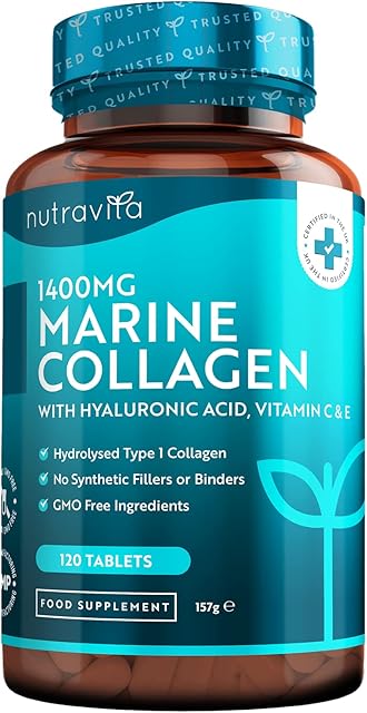 Marine Collagen Tablets 1400mg Enhanced with Hyaluronic Acid - Hydrolysed Collagen Supplements for Women and Men - 120 Tablets (2 Month Supply) - with Vitamin C, Vitamin E, Zinc and Vit B2 - Nutravita