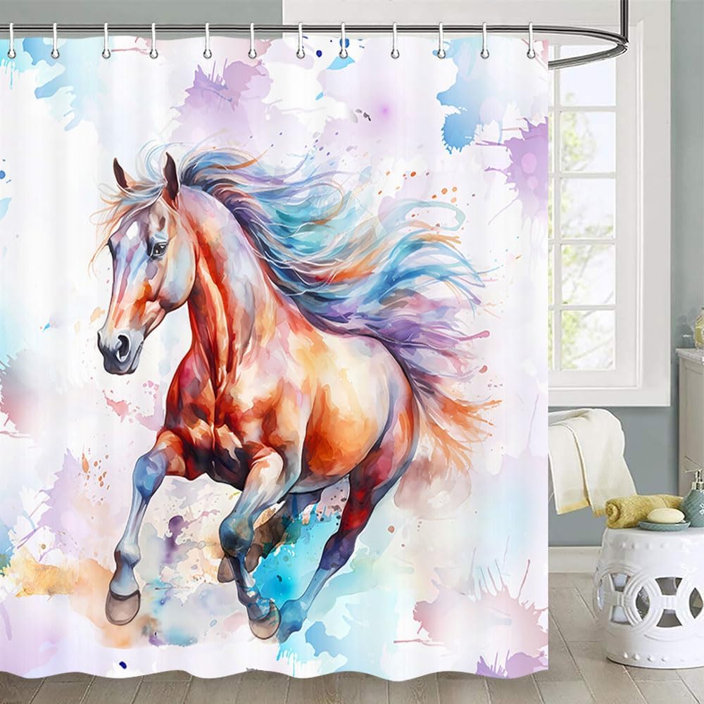JAWO Horse Shower Curtain, Western Country Unique Watercolor Ink Painting Animals Horse Shower Curtain, Horse Bathroom Set Shower Curtain, Shower Curtain Hooks Include, (72X84)
