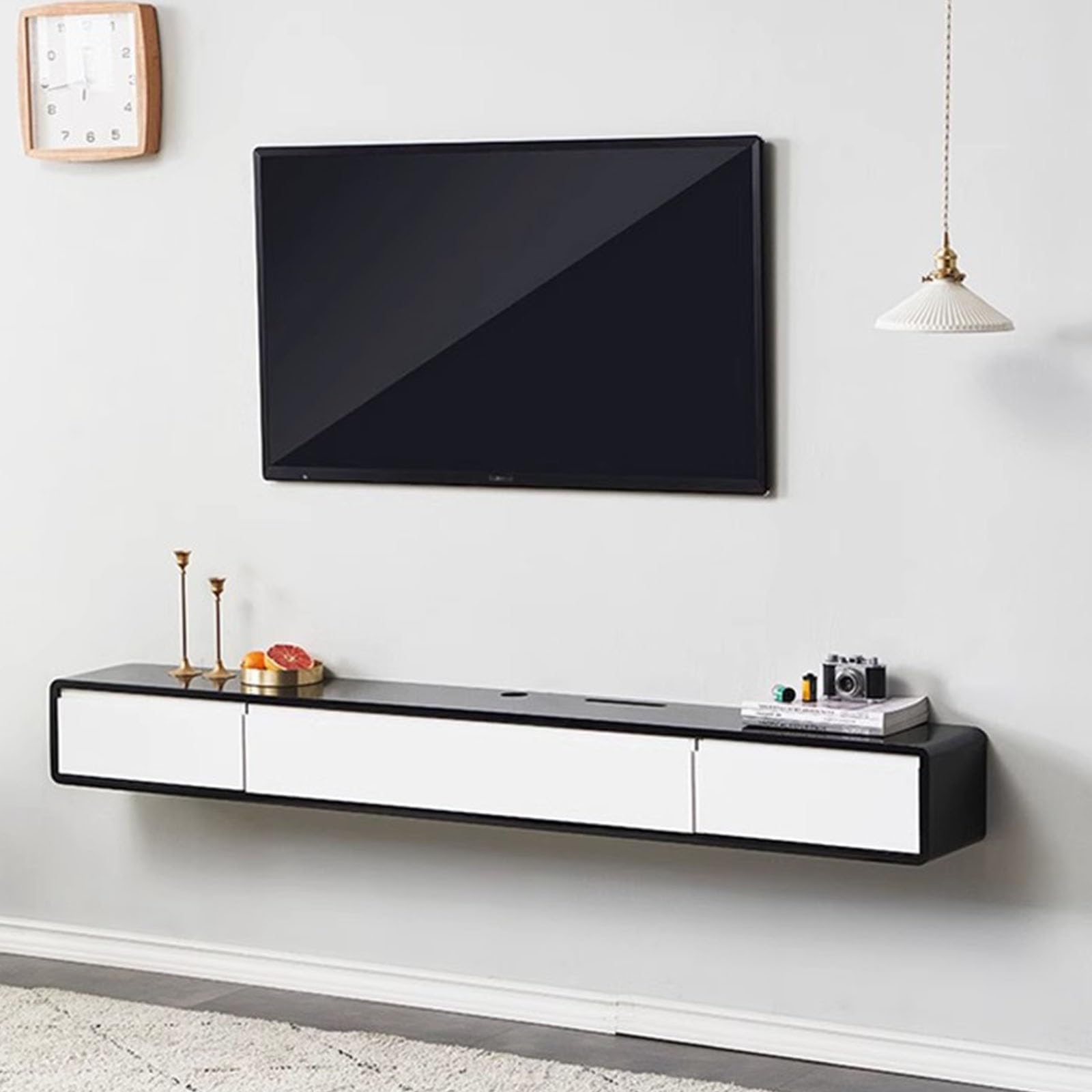 Schwebende TV-Einheit, Wandhalterung, Konsole mit 2 Schubladen, Wandmontage, Media-Entertainment-Center, Multimedia-Aufbewahrungsregale, Schwarz und Weiß, 120 cm