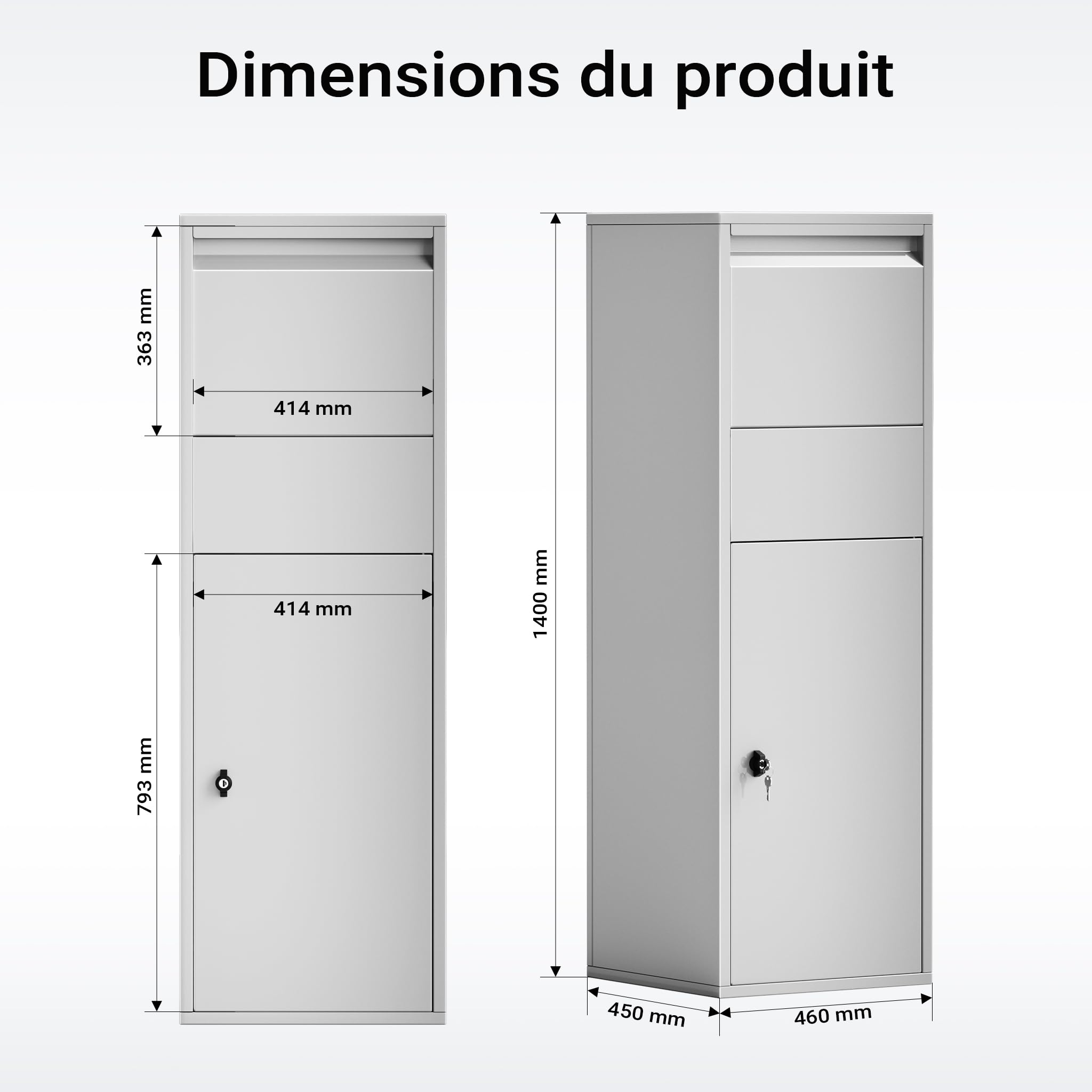 Wiltec Boîte à Colis verrouillable Gris argenté 460 x 450 x 1400 mm, Boîte aux Lettres sur Pied, pour Colis Taille S et L, Usage Domestique courrier