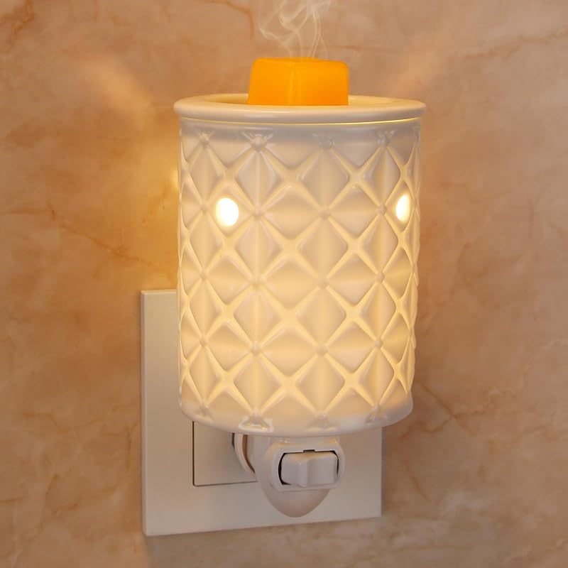 Calentador de cera de cerámica, calentador de cera enchufable para cera perfumada, calentador de cera aromática para aceite aromático, decoración de quemador de cera con luz nocturna con dos bombillas