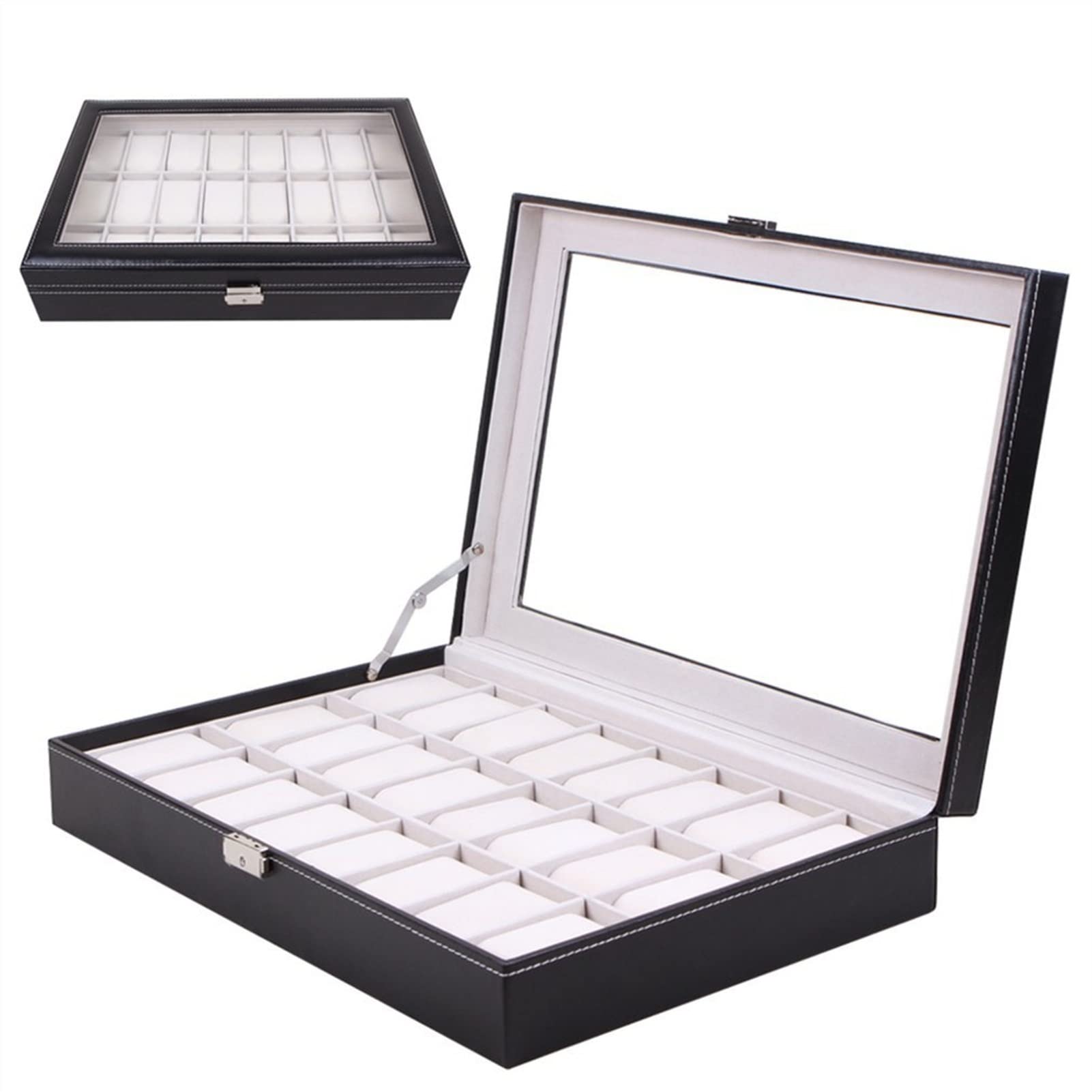 ANVLOJRIH Watches Box 24 Compartment Watch Organizer Jewelry Box Stand PU Leather Watch Display Box Organizer with Clear Glass Top Watch Box
