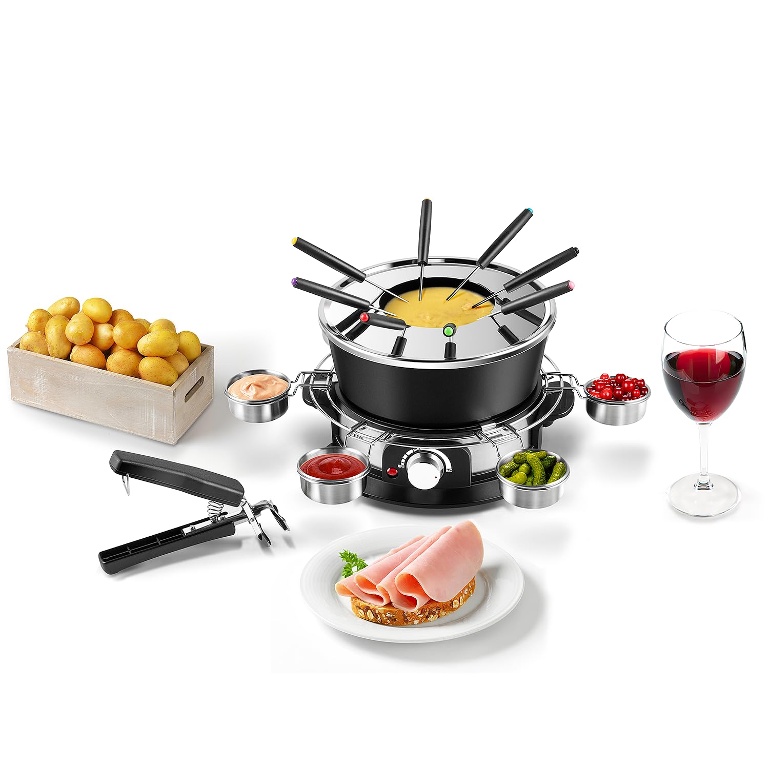 CUSIMAX Set fonduta elettrica con regolazione della potenza da 1200 W, per formaggio, cioccolato, olio e brodo, 2 l, pentola per fonduta elettrica antiaderente con 8 forchette, 6 tazze e manico