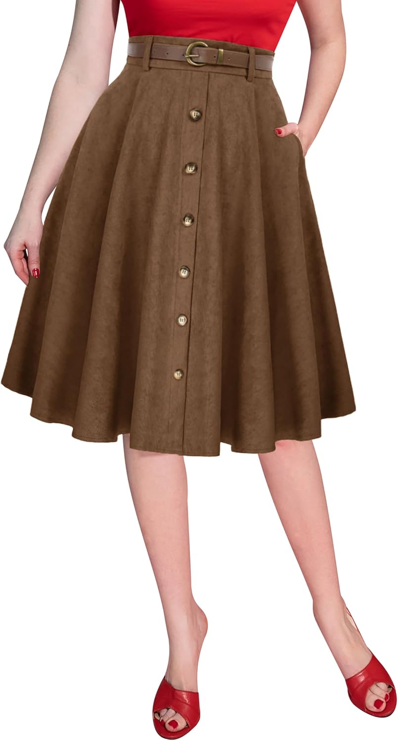Belle Poque Women's Knee Length Corduroy Skirt Vintage Stretch High Waist A-Line Midi Skirt with Pockets & Belts - Image 2