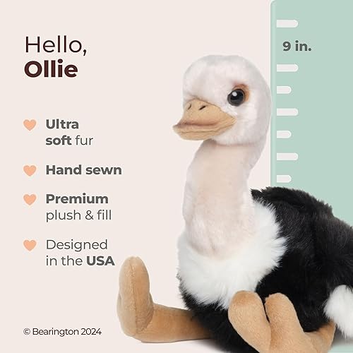 Miniatura 2 de Bearington Ollie - Animal de peluche realista de avestruz de 9 pulgadas con piel suave, cuerpo flexible y detalles realistas, adorables peluches de