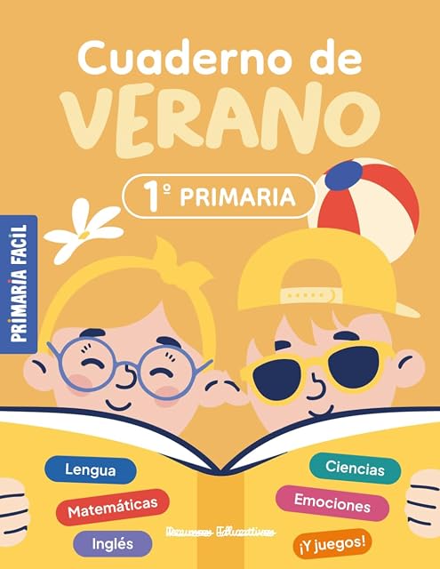 Portada de Cuaderno de Verano 1º de Primaria: Actividades de repaso para vacaciones de lengua, mates, ciencias e inglés para niños de 7 años