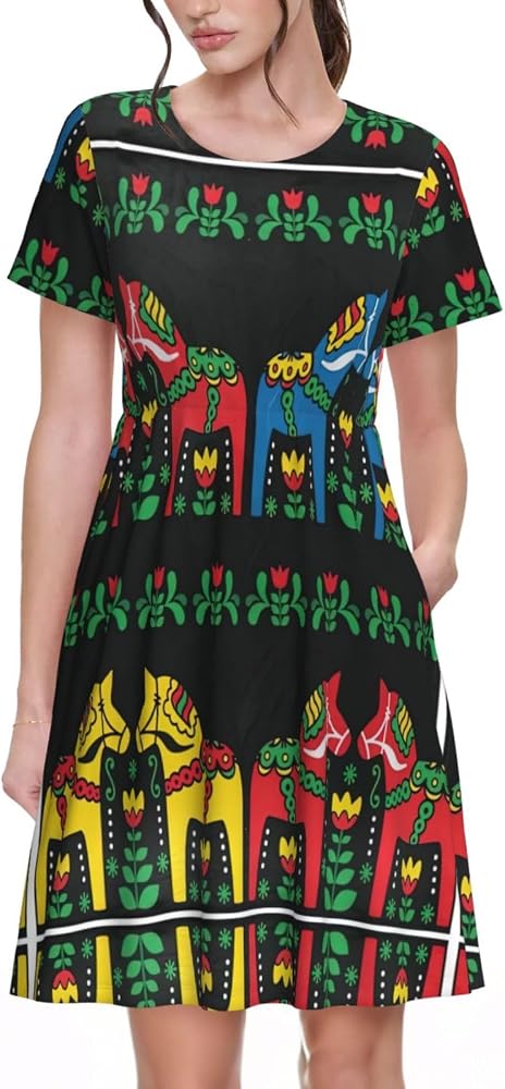 KOPUUYRD Runner Swedish Dala Horse Folk Print Women's Summer Dresses,Casual  Spring Dress with Pockets,for Beach Vacation Black at Amazon Women's  Clothing store