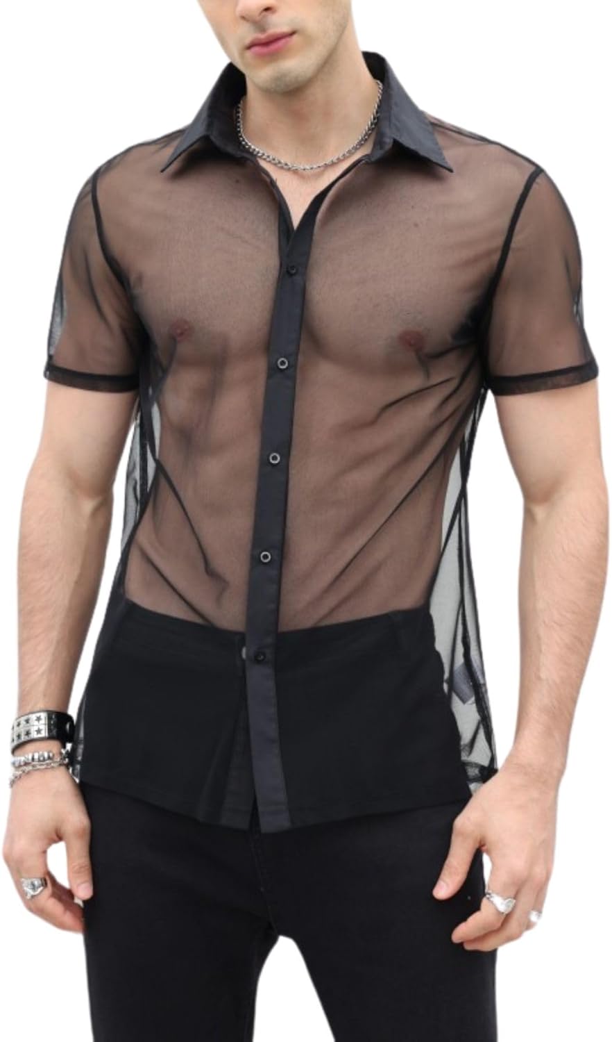 Verdusa Men's Sheer Mesh Button Up Shirt See Through Short Sleeve Top