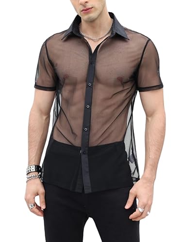 Verdusa Men's Sheer Mesh Button Up Shirt See Through Short Sleeve Top - Medium - Black