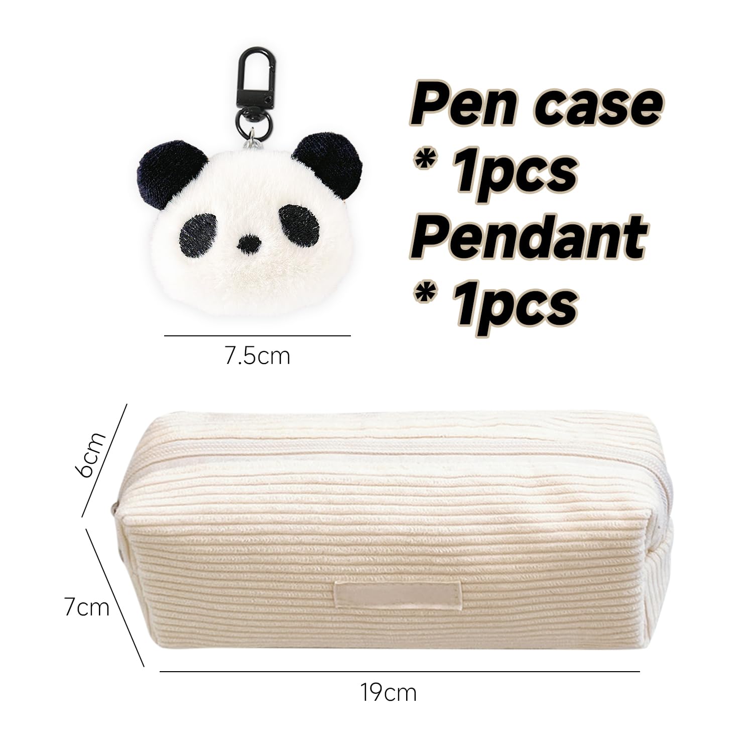 USHXVG Corduroy Pencil Case, Panda Pendant, Solid Color, Large Stationery Bag, Zipper Case, Milky White - Image 2