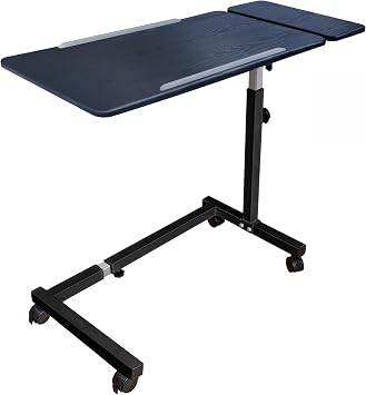 Recliner Table, Over the Bed Table with Wheels, Adjustable Width & Height, with Split Tilt Design & 4 Caster Wheels with Brakes Black Oak Tabletop, Black Base