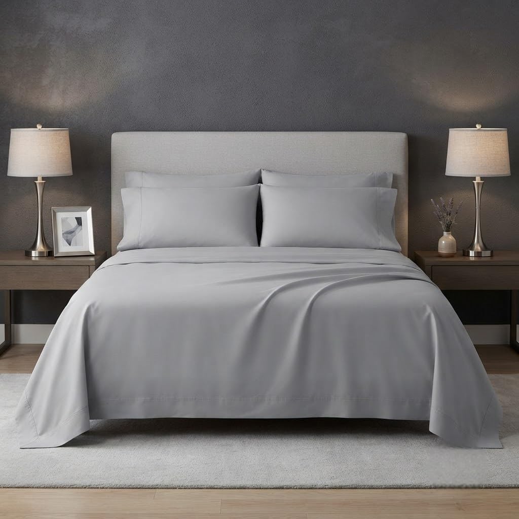 Egyptian Cotton Feel King Size Flat Bedsheet with 2 Pillow Covers | 1000 TC Soft & Breathable | Light Grey Solid Pattern for Bedrooms and Hotels Use (Size: 102 x 108 Inch)-image-41