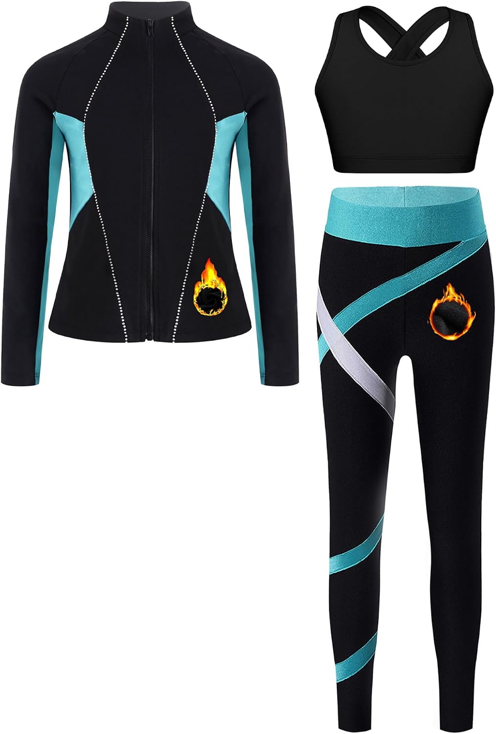 Kids Girls Fleece-Lined Figure Skating Outfits Long Sleeve Zipper Sweatshirt Sports Vest and Leggings Set