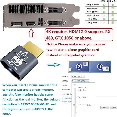Miniatura 2 de Paquete de 3 enchufes simulados HDMI 4K HDR, emulador EDID de monitor virtual, adaptador de pantalla sin cabeza, admite hasta 4k@60Hz, 1080@120Hz